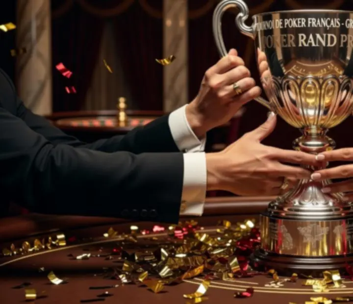 Trophée de poker posé sur une table, prêt à être remis au champion d'un tournoi live.