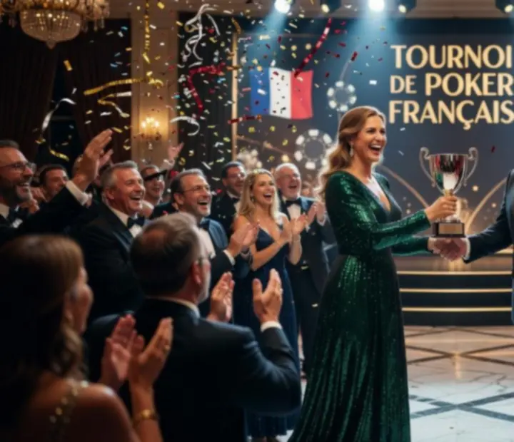 Remise de trophée à un champion de poker live sous les projecteurs, entouré du public