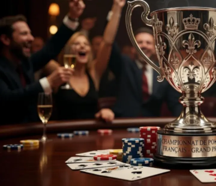 Trophées de poker alignés devant une table de finale dans une salle de tournoi française