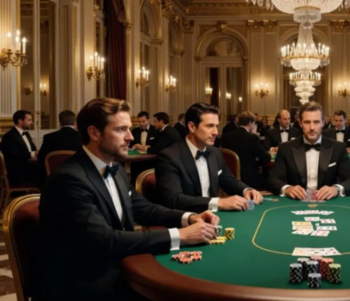 Salle de tournoi de poker française avec éclairage cinématographique et tables prêtes pour une compétition live