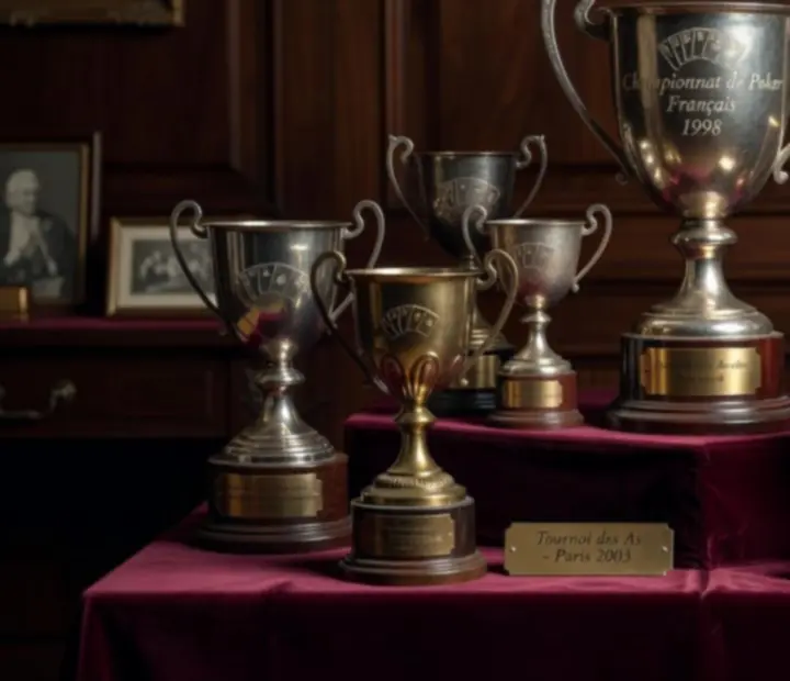 Collection de trophées de tournois de poker live alignés sur une étagère